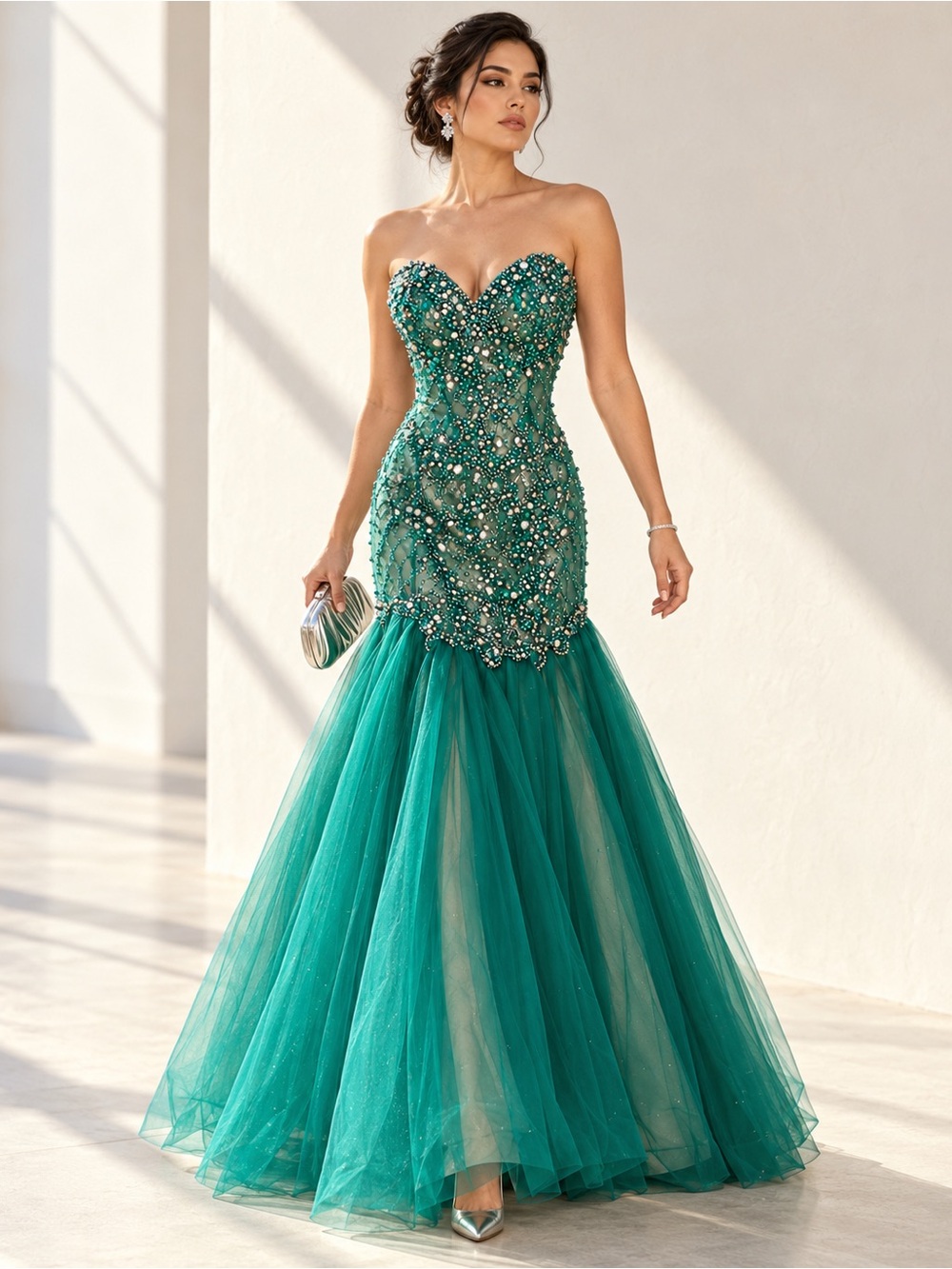 Tiffany Designs Emerald Nude Beaded Strapless Sweetheart Neck Mermaid Gown Sz 6
